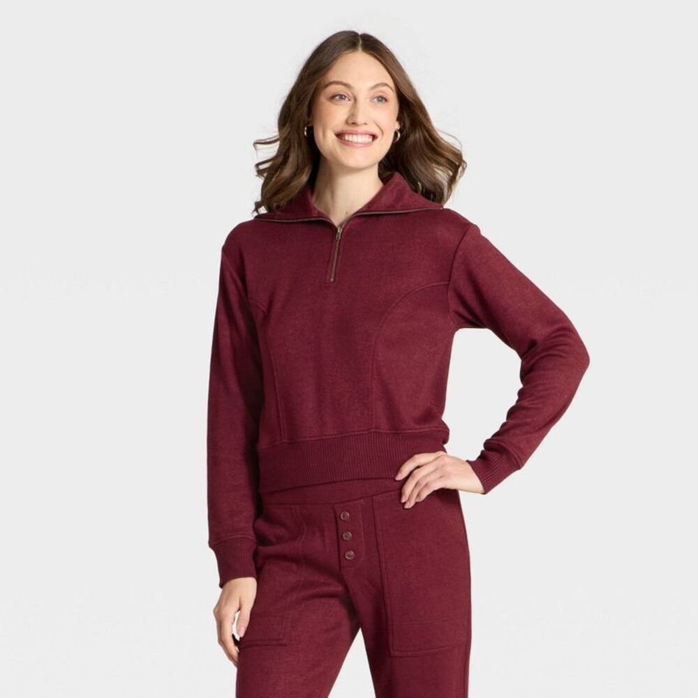 Women's Quarter Zip Pullover Sweatshirt - Universal Thread Burgundy XL